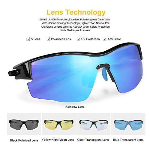 INBIKE Gafas Sol Polarizadas Ciclismo Con 5 Lentes De Pc Intercambiables y Montura De TR90, Gafas Uv400 De Mtb Bicicleta Deportivas Antivaho Unisex-Adulto(armadura azul negro + lente azul)