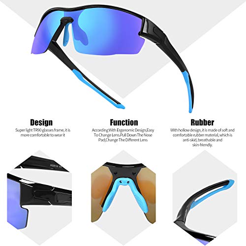 INBIKE Gafas Sol Polarizadas Ciclismo Con 5 Lentes De Pc Intercambiables y Montura De TR90, Gafas Uv400 De Mtb Bicicleta Deportivas Antivaho Unisex-Adulto(armadura azul negro + lente azul)