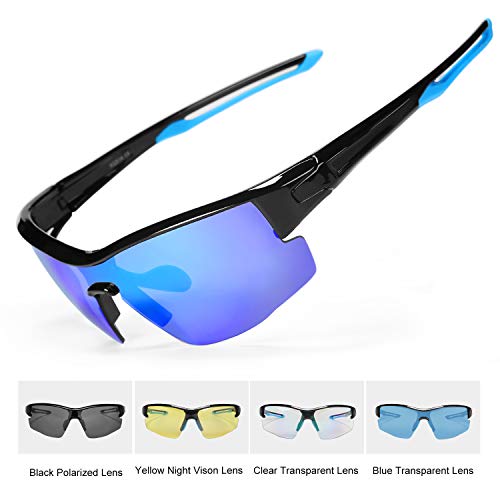 INBIKE Gafas Sol Polarizadas Ciclismo Con 5 Lentes De Pc Intercambiables y Montura De TR90, Gafas Uv400 De Mtb Bicicleta Deportivas Antivaho Unisex-Adulto(armadura azul negro + lente azul)