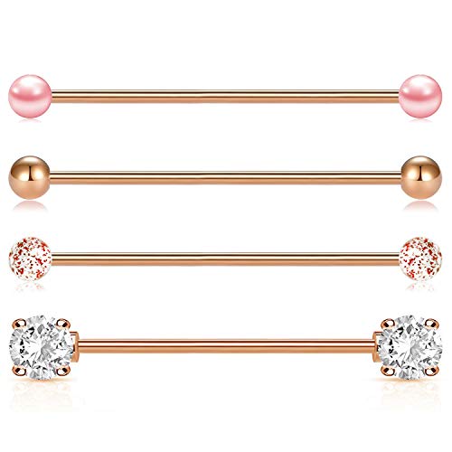 Incaton 14G 4pcs Barra Industrial Cartílago Helix Arete Piercing Joyería del Cuerpo 38mm Bar, Oro Rosa
