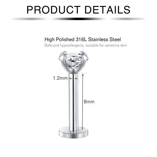 Incaton 16 Gauge Cartílago Pendientes Tragus Acero Inoxidable Labret Monroe Medusa Anillos de Labios Rook Daith Helix Arete Barbell Joyería Piercing 8mm Plata