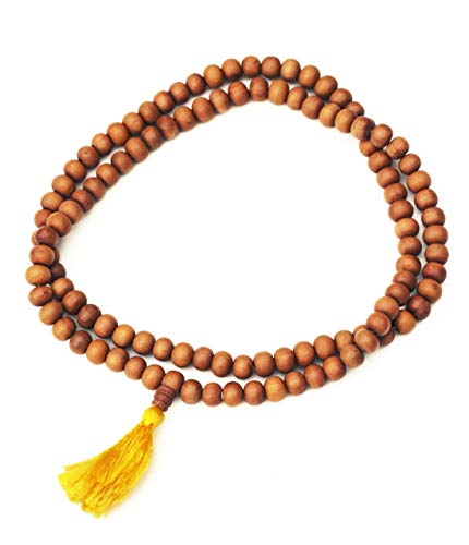 IndianStore4All - Sándalo japonés Mala 8 mm 108 + 1 Guru Bead Budista Monk Mala Borla Amarilla