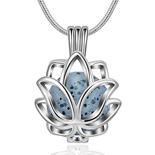 INFUSEU Collar difusor de aceite esencial de aromaterapia para mujer, difusor de perfume de loto, 14 mm, colgante con 6 piedras de lava y cadena de 61 cm, regalos para dama