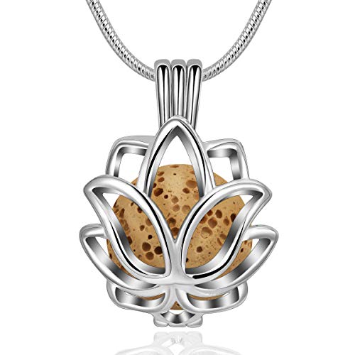 INFUSEU Collar difusor de aceite esencial de aromaterapia para mujer, difusor de perfume de loto, 14 mm, colgante con 6 piedras de lava y cadena de 61 cm, regalos para dama