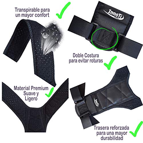 InnoTi Corrector de Postura Espalda para Hombre y Mujer - Soporte para Mantener los Hombros y la Espalda Recta - Ajustable y de Material Suave y Transpirable para el Máximo Confort (NEGRO)