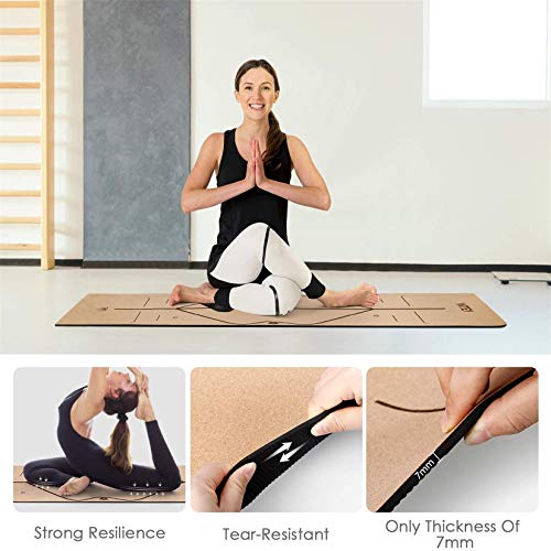 INTEY Esterilla de Yoga de Corcho Antideslizante, Superior TPE Antideslizante Colchonetas de Pilates con Línea Auxiliar 183 x 66 x 7mm, con Bandolera