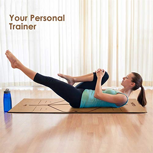 INTEY Esterilla de Yoga de Corcho Antideslizante, Superior TPE Antideslizante Colchonetas de Pilates con Línea Auxiliar 183 x 66 x 7mm, con Bandolera