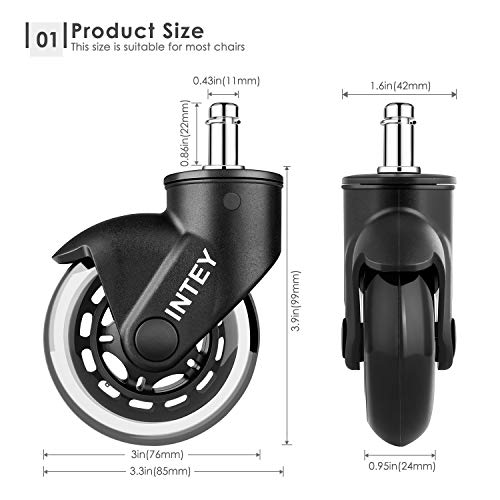 INTEY Ruedas para Silla Oficina (5 pcs), Ruedas para Muebles, 76mm(3'') Ruedas de Repuesto Caster Silencioso, 11x22mm Fácil de Instalar, Seguro para Cualquier Lugar INTLZ02