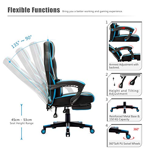 IntimaTe WM Heart Silla Gaming Silla Ergonómica para Gamers Oficina Silla con Reposapiés Plegable, Cojín Lumbar Comfortable para Trabajo y Siesta, Carga Máxima 150kg (Azul)