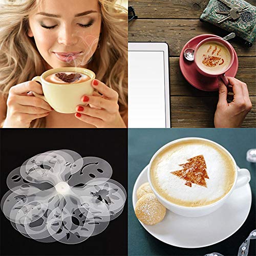 INTVN 2 PCS Tamiz Café con 32 Piezas Plantillas de Café,Coctelera de Chocolate en Polvo de Acero Inoxidable,Agitadores de Polvo con Tapa,Ideal para Decorar y Dibujar en tu Postre y Café