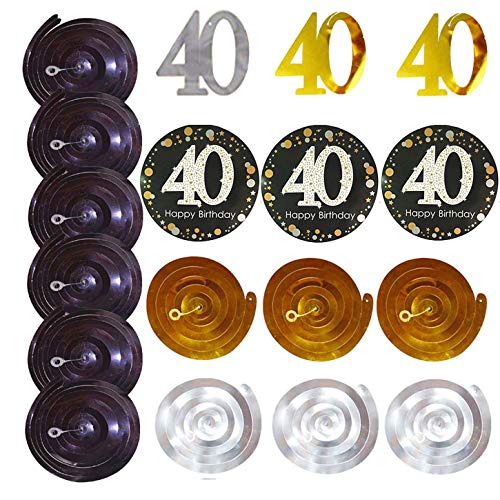 INTVN 40 Decoración para Fiestas de Cumpleaños en Negro y Dorado, 40 Cumpleaños Pancarta, 40 cumpleaños Colgante remolinos y 40 Cumpleaños Globos de látex