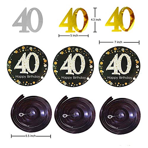 INTVN 40 Decoración para Fiestas de Cumpleaños en Negro y Dorado, 40 Cumpleaños Pancarta, 40 cumpleaños Colgante remolinos y 40 Cumpleaños Globos de látex