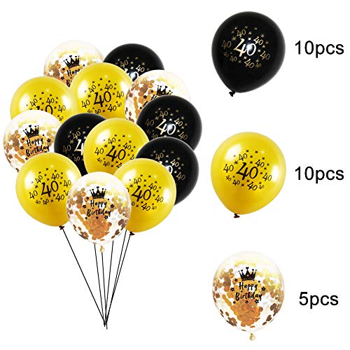 INTVN 40 Decoración para Fiestas de Cumpleaños en Negro y Dorado, 40 Cumpleaños Pancarta, 40 cumpleaños Colgante remolinos y 40 Cumpleaños Globos de látex