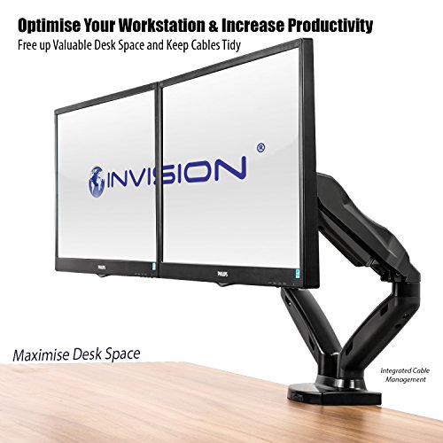 Invision Soporte Monitor Doble PC Brazo - Gas Asistido Soporte para Escritorio Ajustable Ergonómico con Abrazadera para 17–27” - VESA 75x75mm & 100x100mm - Peso 2-6.5kg (MX300)