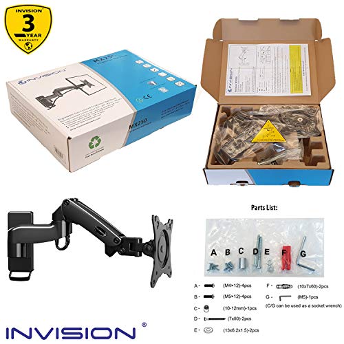 Invision Soporte Monitor Pared de PC y TV, para Pantallas 17-27", Ergonómico Soporte de un Solo Brazo Altura Ajustable con Inclinación, Giratoria y Rotar, VESA 75x75mm y 100x100mm, Peso 2-7kg [MX250]