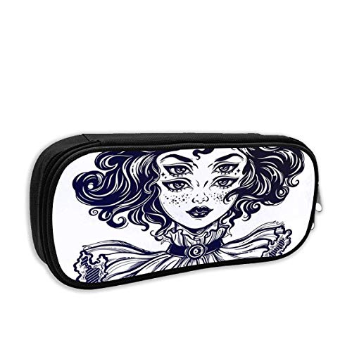 IOPLK Estuche para lápices de moda para la escuela, retrato de cabeza de bruja gótica con cabello rizado y cuatro ojos, bolso ideal para bolígrafos, material de oficina, para útiles escolares y de ofi