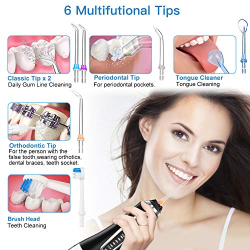 Irrigador Bucal Portátil con 6 Boquillas, Multifuncional 300ml Irrigador Dental, Profesional IPX7 Impermeable Limpieza de Dientes de Ortodoncia y Dientes de Implante, Lavado Pulsado de Dientes