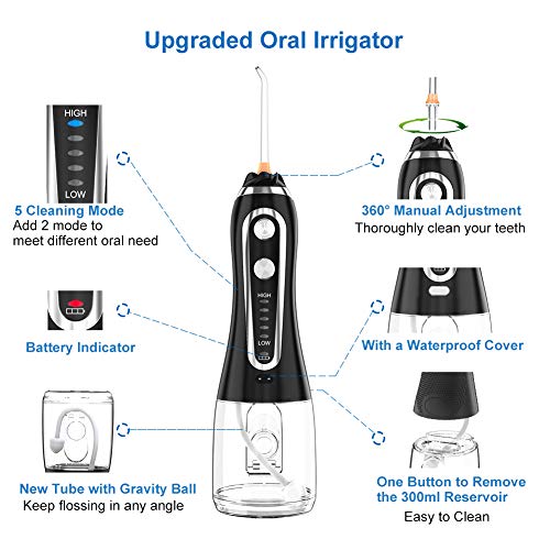 Irrigador Bucal Portátil con 6 Boquillas, Multifuncional 300ml Irrigador Dental, Profesional IPX7 Impermeable Limpieza de Dientes de Ortodoncia y Dientes de Implante, Lavado Pulsado de Dientes