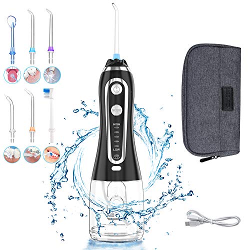 Irrigador Bucal Portátil con 6 Boquillas, Multifuncional 300ml Irrigador Dental, Profesional IPX7 Impermeable Limpieza de Dientes de Ortodoncia y Dientes de Implante, Lavado Pulsado de Dientes