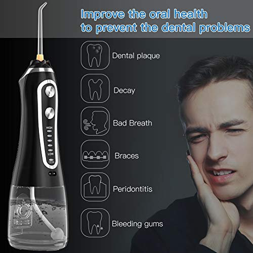 Irrigador Bucal Portátil con 6 Boquillas, Multifuncional 300ml Irrigador Dental, Profesional IPX7 Impermeable Limpieza de Dientes de Ortodoncia y Dientes de Implante, Lavado Pulsado de Dientes