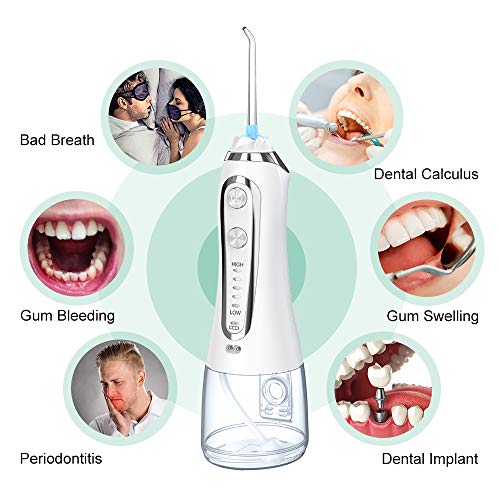 Irrigador Bucal Portátil, Irrigador Dental Viaje con 5 Modos 6 Boquillas, Irrigadores con USB Recargable, IPX7 Impermeable para Higiene Dental Limpieza Dental en Hogar/Viaje/Oficina