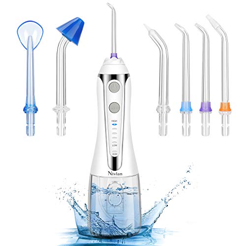 Irrigador Bucal Portatil, Nivlan Profesional Irrigadores Bucales IPX7 Impermeable con 300ML Tanque, 5 Modos y 6 Boquillas, Irrigador Dental Recargable USB para Limpieza Dental y Cuidado Oral Higiene
