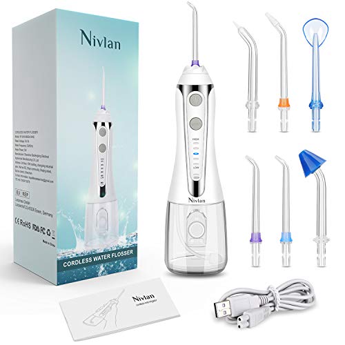 Irrigador Bucal Portatil, Nivlan Profesional Irrigadores Bucales IPX7 Impermeable con 300ML Tanque, 5 Modos y 6 Boquillas, Irrigador Dental Recargable USB para Limpieza Dental y Cuidado Oral Higiene