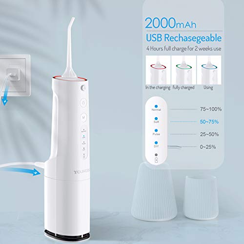 Irrigador Bucal Portátil YOUNGDO 360 ML, Irrigador Dental IPX7 Impermeable USB Recargable, Indicador de Luz LED, 4 Modos de Limpieza y 4 Boquillas Giratorias para Cuidado de Higiene Dental