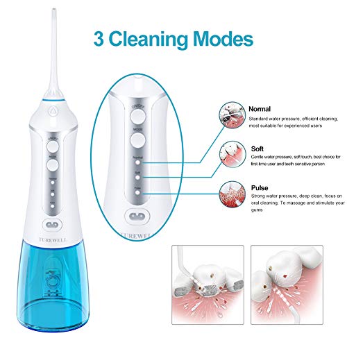 Irrigador dental portátil, 300ml TUREWELL Irrigador bucal profesional USB recargable con 3 modos 4 boquillas IPX7 impermeable para la higiene dental Limpieza dental Ideal para viajes