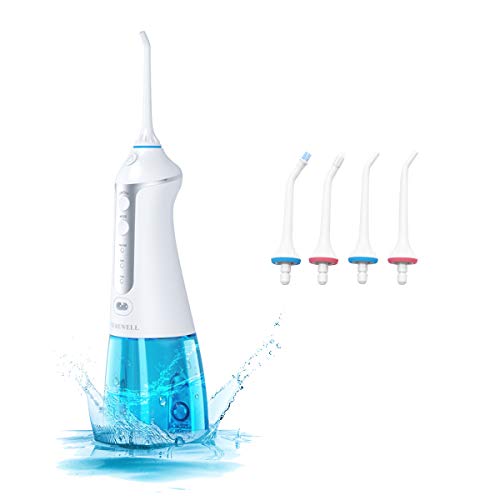 Irrigador dental portátil, 300ml TUREWELL Irrigador bucal profesional USB recargable con 3 modos 4 boquillas IPX7 impermeable para la higiene dental Limpieza dental Ideal para viajes