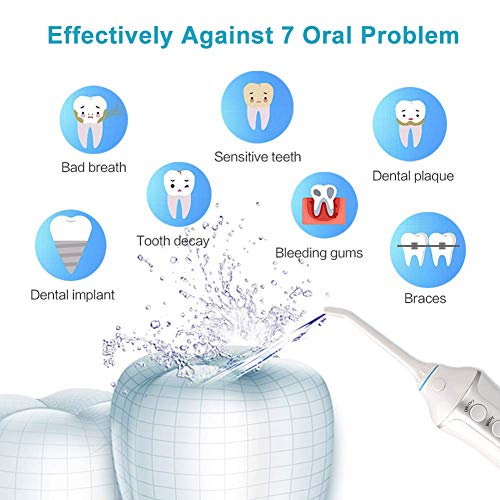 Irrigador dental portátil, 300ml TUREWELL Irrigador bucal profesional USB recargable con 3 modos 4 boquillas IPX7 impermeable para la higiene dental Limpieza dental Ideal para viajes