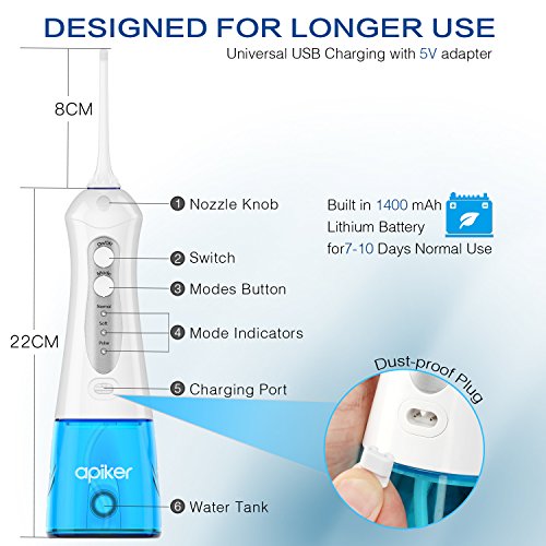Irrigador Dental Portátil, Apiker Irrigador Bucal con 5 Boquillas, Incluido 2 Boquillas Especiales, Recargable USB con 3 Modos, IPX7 Impermeable,Tanque de Agua con 200ml