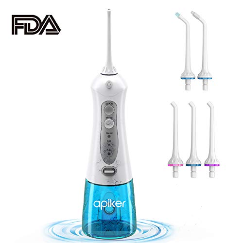 Irrigador Dental Portátil, Apiker Irrigador Bucal con 5 Boquillas, Incluido 2 Boquillas Especiales, Recargable USB con 3 Modos, IPX7 Impermeable,Tanque de Agua con 200ml