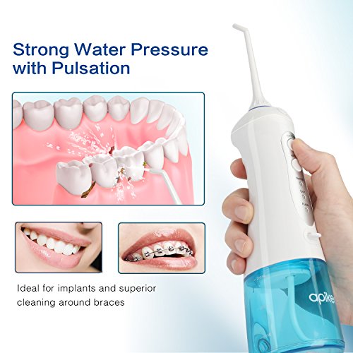 Irrigador Dental Portátil, Apiker Irrigador Bucal con 5 Boquillas, Incluido 2 Boquillas Especiales, Recargable USB con 3 Modos, IPX7 Impermeable,Tanque de Agua con 200ml