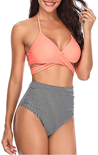 ITVIP - Traje de baño para mujer, dos piezas, diseño de hojas de flores, estampado de bikini con cuello en V M Rosa 2