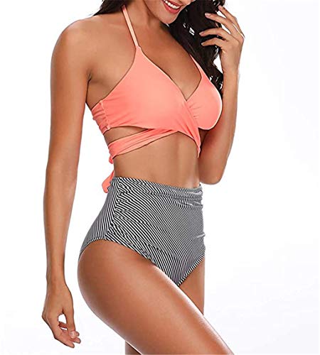 ITVIP - Traje de baño para mujer, dos piezas, diseño de hojas de flores, estampado de bikini con cuello en V M Rosa 2