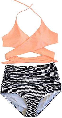 ITVIP - Traje de baño para mujer, dos piezas, diseño de hojas de flores, estampado de bikini con cuello en V M Rosa 2