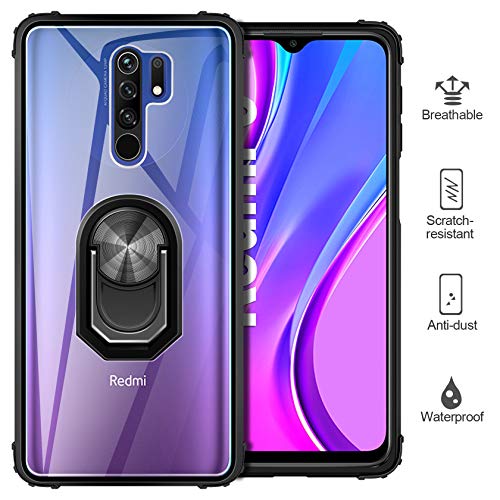 ivencase Funda Xiaomi Redmi 9 + [2-Unidades] Cristal Templado, Transparente Airbag Anti-Choque Protector Carcasa con 360 Grados Imán Soporte Silicona Bumper Case para Xiaomi Redmi 9, Clear Negro
