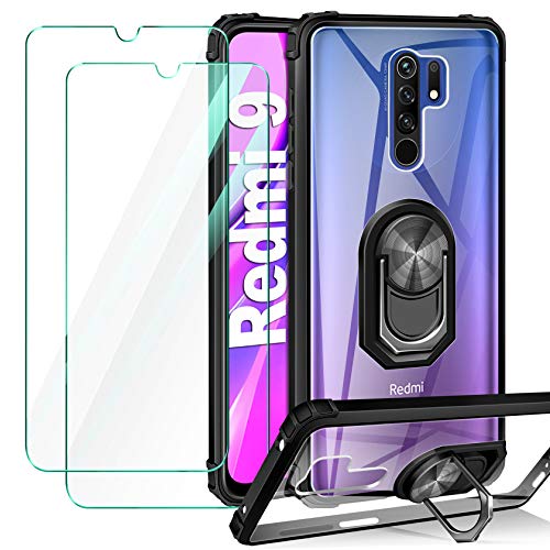 ivencase Funda Xiaomi Redmi 9 + [2-Unidades] Cristal Templado, Transparente Airbag Anti-Choque Protector Carcasa con 360 Grados Imán Soporte Silicona Bumper Case para Xiaomi Redmi 9, Clear Negro