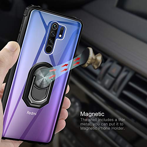 ivencase Funda Xiaomi Redmi 9 + [2-Unidades] Cristal Templado, Transparente Airbag Anti-Choque Protector Carcasa con 360 Grados Imán Soporte Silicona Bumper Case para Xiaomi Redmi 9, Clear Negro