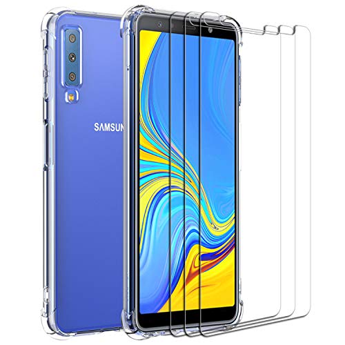 ivoler Funda para Samsung Galaxy A7 2018 + [3 Unidades] Cristal Vidrio Templado Protector de Pantalla, Ultra Fina Silicona Transparente TPU Carcasa Protector Airbag Anti-Choque Anti-arañazos Caso