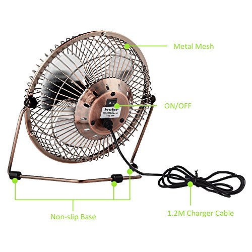 ivoler Mini Ventilador USB Silencioso, Metálico Ventilador de Mesa Potente USB Fan con Ajustable 360 Grados de Rotación para Personal Portátil de Escritorio Hogar Oficina o Viaje, 6 Pulgadas, Cobre