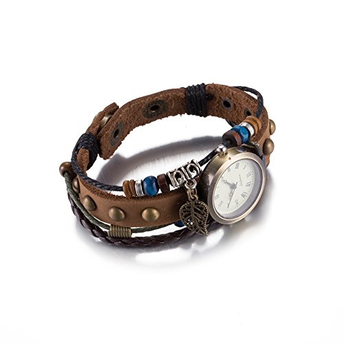 iWatch Hombre Mujer Reloj De Pulsera Retro Bronce Hohle hojas hojas colgante piel genuina brazalete de cuentas de madera reloj analógico de cuarzo color marrón oscuro