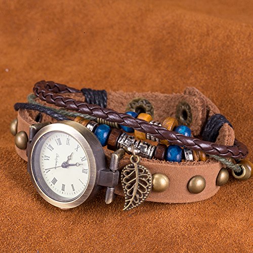 iWatch Hombre Mujer Reloj De Pulsera Retro Bronce Hohle hojas hojas colgante piel genuina brazalete de cuentas de madera reloj analógico de cuarzo color marrón oscuro
