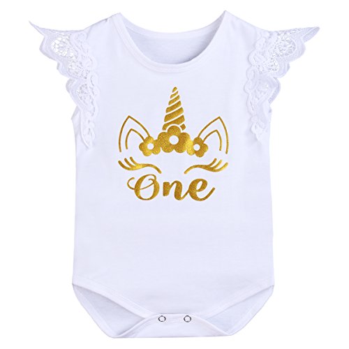 IWEMEK Bebé Niñas Primer Cumpleaños Princesa Unicornio Trajes de Fiesta 3pcs Conjunto de Mameluco + Bloomers de Tutú Rosa con Bowknot + Corona Diadema Carnaval Ceremonia Disfraz Sesión de Fotos