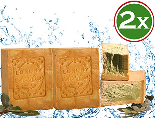 Jabón Aleppo, 2 x 190g, 80% aceite de oliva, 20% aceite de laurel, valor de PH 8, jabón para el cabello, jabón de ducha, propiedades detox, vegano, hecho a mano