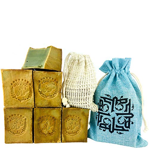 Jabón de Alepo 5x 60% Aceite de Oliva 40% Aceite de Laurel +1x Bolsas de Jabón de Sisal +1x Bolsa de Almacenamiento (cada jabón aprox. 200gr.)