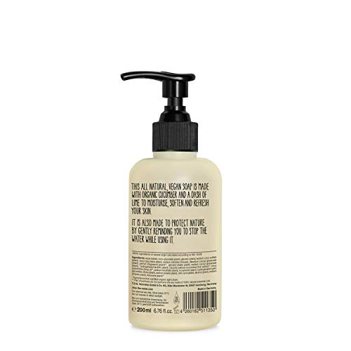 Jabón de manos vegano en dispensador rellenable, cosmética natural con aroma de pepinos y limón fresco