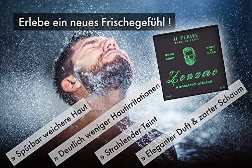 Jabón IL PEBIRE® 4 en 1 I Jabón refrescante natural con jengibre y aloe vera contra la piel seca y efecto anti espinillas I Jabón de afeitar orgánico, vegano y sin plástico