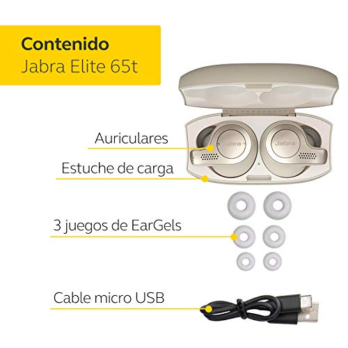 Jabra Elite 65t – Auriculares Bluetooth con Cancelación Pasiva del Ruido, Tecnología de Cuatro Micrófonos para Auténticas Llamadas Inalámbricas y Música, Beige Dorado